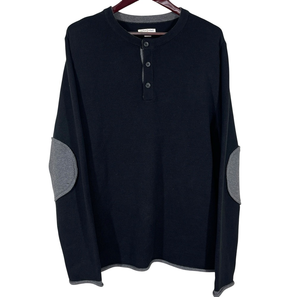 Carbon2Cobalt Cashmere Blend Knit Henley Mens L Black Long Sleeve Elbow Patches